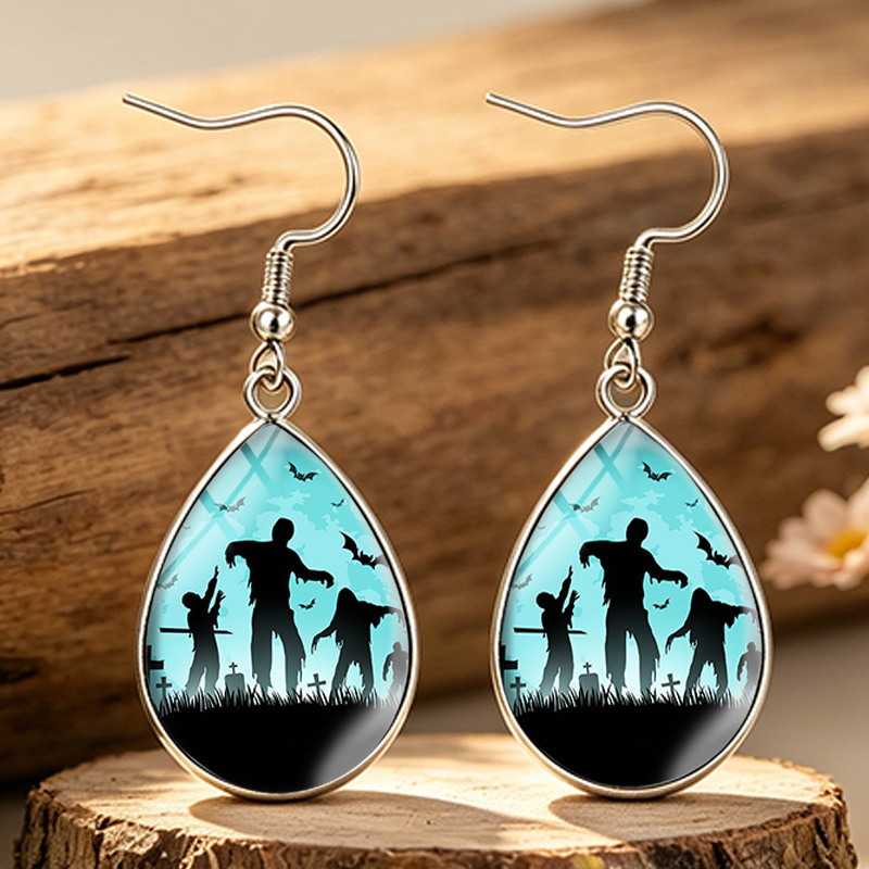 Graveyard Zombies Bats Tear Drop Glass Cabochon Earrings
